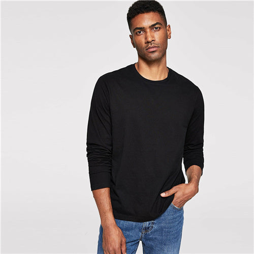 SHEIN Men Black Solid Minimalist Solid Round Neck Long Sleeve